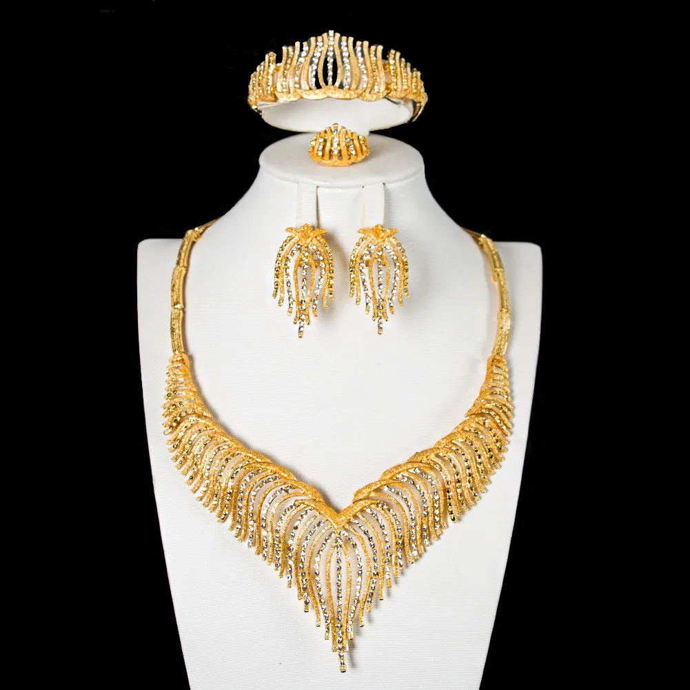 

Sakura Love Glamour Woman African Jewelry Set Bridal Shaped Necklace Bracelet Gold Earring Ring Fashion Style Wedding Crystal