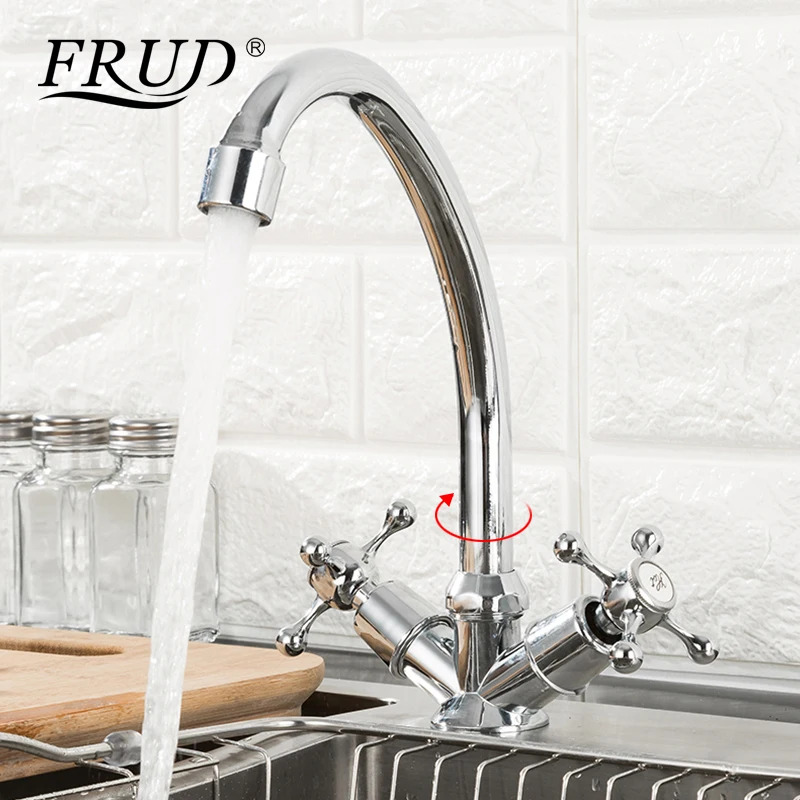 FRUD горячая Распродажа, кухонный кран на бортике, двойная ручка, 360 градусов, для горячей и холодной воды, аксессуары для раковины, смеситель robinet cuisine R40108