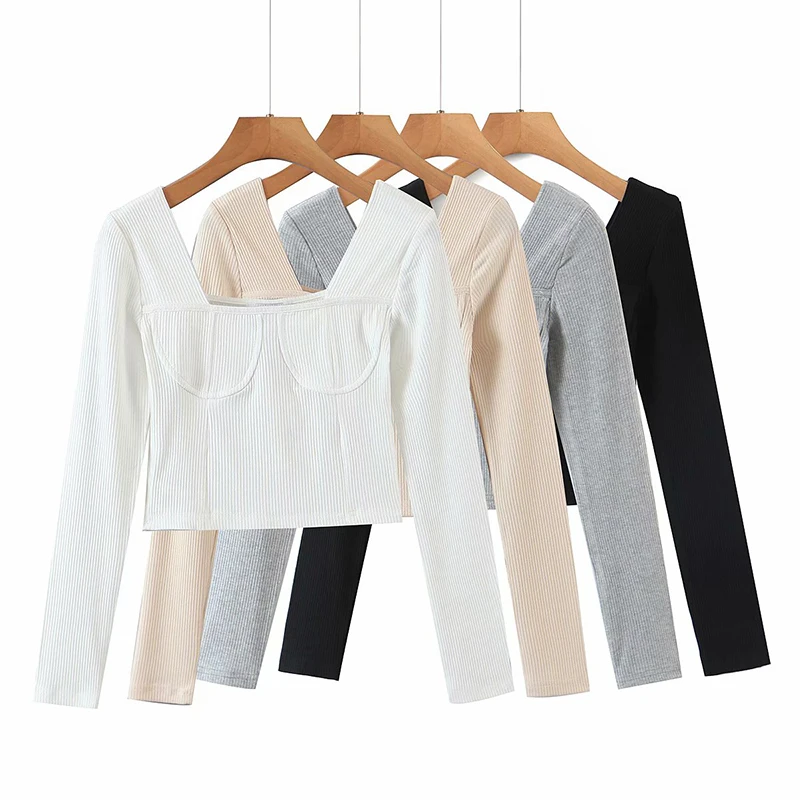 

YENKYE Autumn 2021 Women Vintage Solid Slim Crop T Shirt Sexy Collar Long Sleeve Ladies Tee Shirt StreetWear Tops