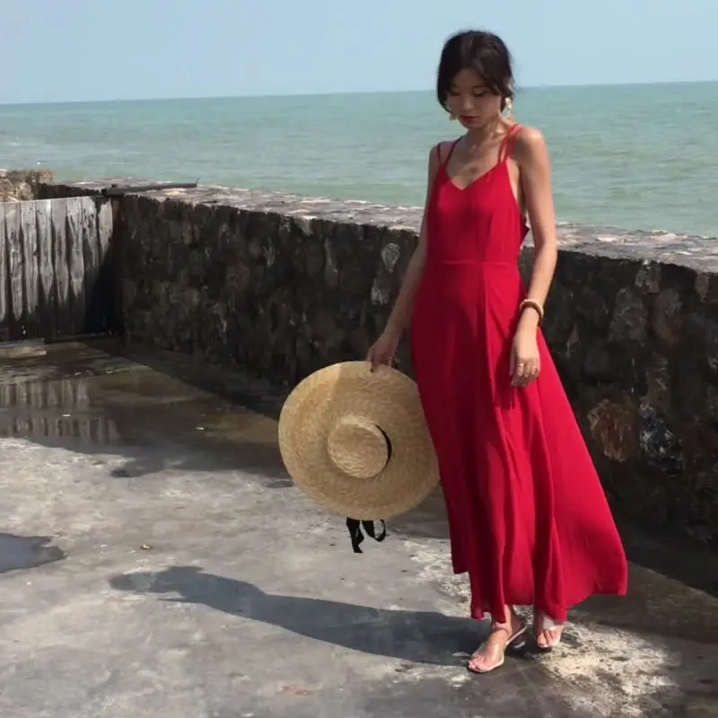 Женский красный Макси-сарафан с открытой спиной узкое Летнее Длинное пляжное