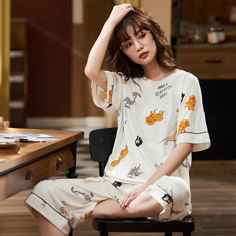 

Women's Modal Pajamas Summer Cartoon Cute Short-Sleeved Cropped Pants Pullover plus Size Women's Leisure Tops
