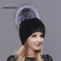 Real mink fur hat for winter women imported knitted mink cap with fox fur  new hot sale high quality women beanies