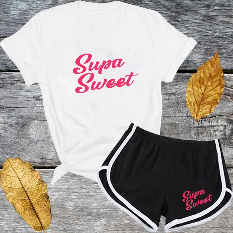 

2020 Cute Pink Letter t Shirts and Shorts Women Two Piec Set Summer Short Sleeve O-Neck Fashion Casual 2 Piece Outfit for Women