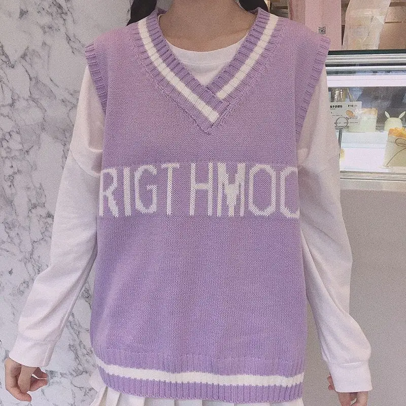 Women Sleeveless Pullover Jumper 2020 Autumn Korean Style Cute Letter Moon Embroidery V Neck Knitted Sweater Vest Waistcoat T399 | Женская