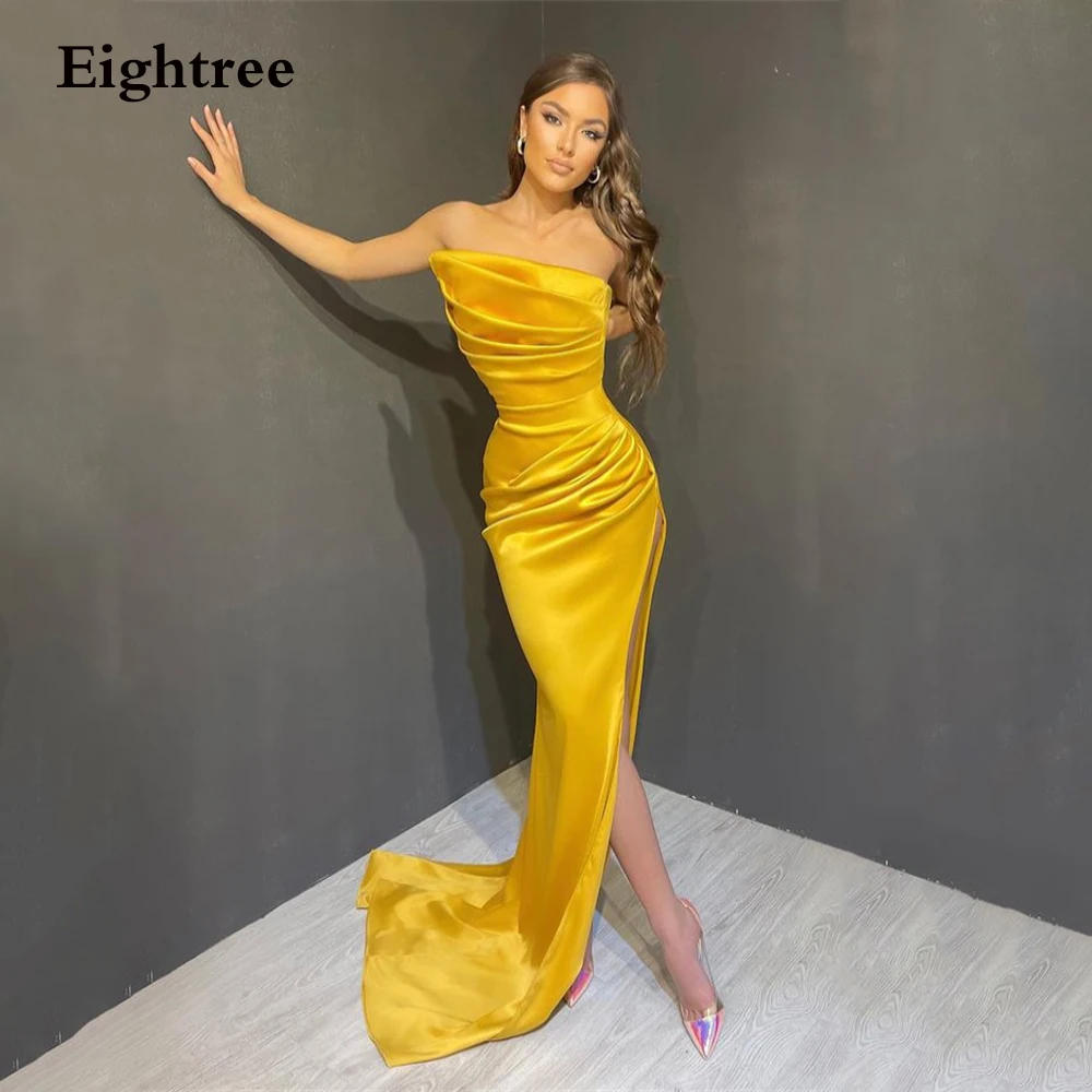 Vestido de fiesta sin mangas de satén dorado moderno, prenda de noche Formal con abertura lateral alta, sin tirantes, longitud hasta el suelo, 2022 (0)