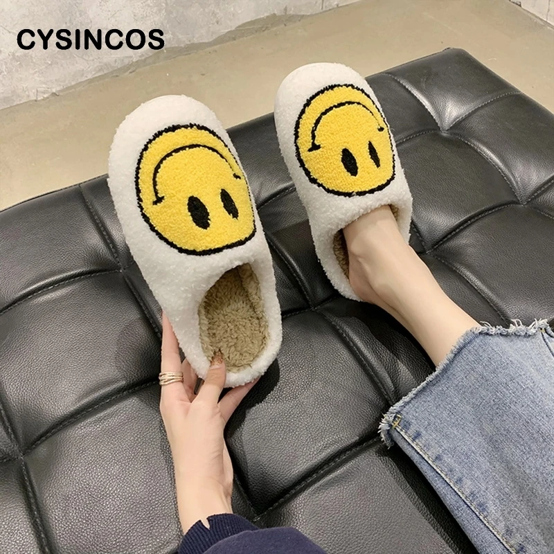 Новинка хлопковые тапочки с улыбающимся лицом женские счастливым мягкие Меховые