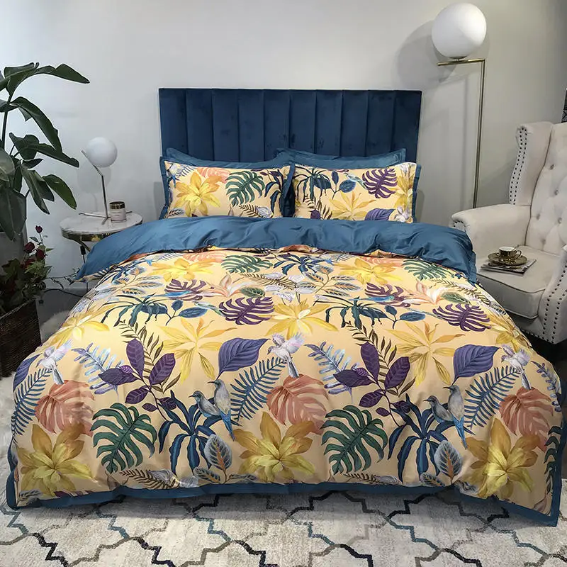 

Birds Tropical Botanical Luxury Duvet Cover set Queen King size 4Pcs Egyptian Cotton Bedding set Fitted Bed Sheet Pillow shams