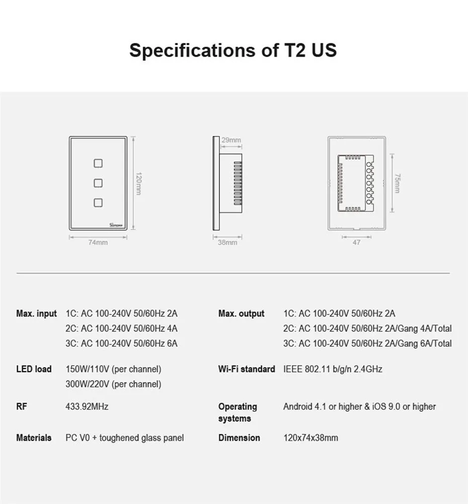 Sonoff T2 США Wifi настенный светильник сенсорный выключатель 1 2 3 банда TX беспроводной 433 МГц RF переключатель с дистанционным управлением панель работа с Alexa Google