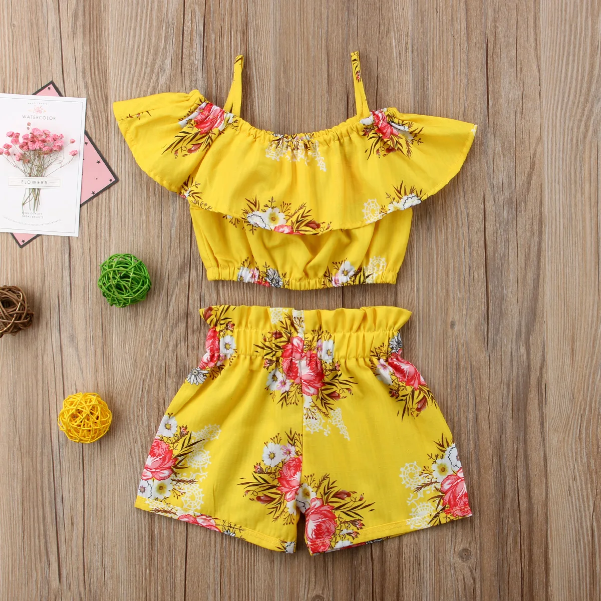 

Summer 2-6 Years Girls Clothes Set Toddler Kids Baby Girl Ruffles Floral Printed Straps Off Shoulder Tops and Shorts 2Pcs Sets