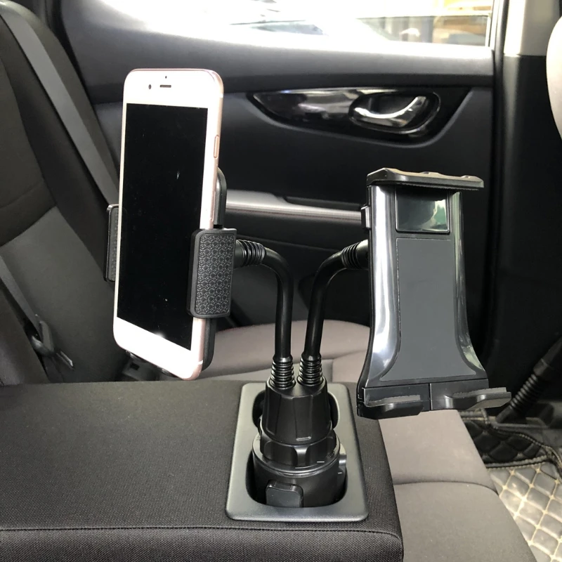 Dual Car Phone+Tablet Mount Flexible Gooseneck Car Cup Mobile Phone Holder Stand Cradle for 4-13" Cell Phones Tablets