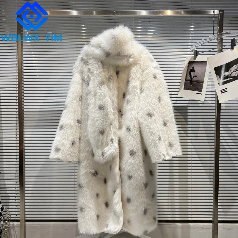 

Winter Coat Women Fashion Dot Print Faux Rex Rabbit Fur Jacket Soft Plush Coat Female High Quality Long Faux Fur Coat With Scarf