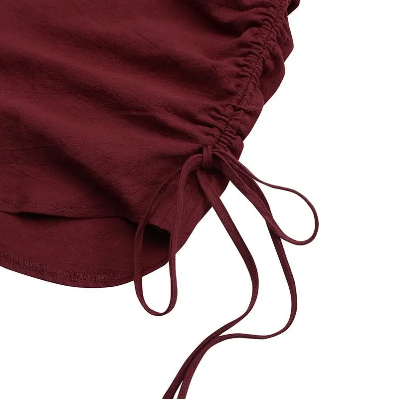 

Elegant Turn-down Collar Drawstring Draped Party Dress Autumn Lantern Sleeve Mini Dress Women V Neck Button Cotton Shirt Dresses