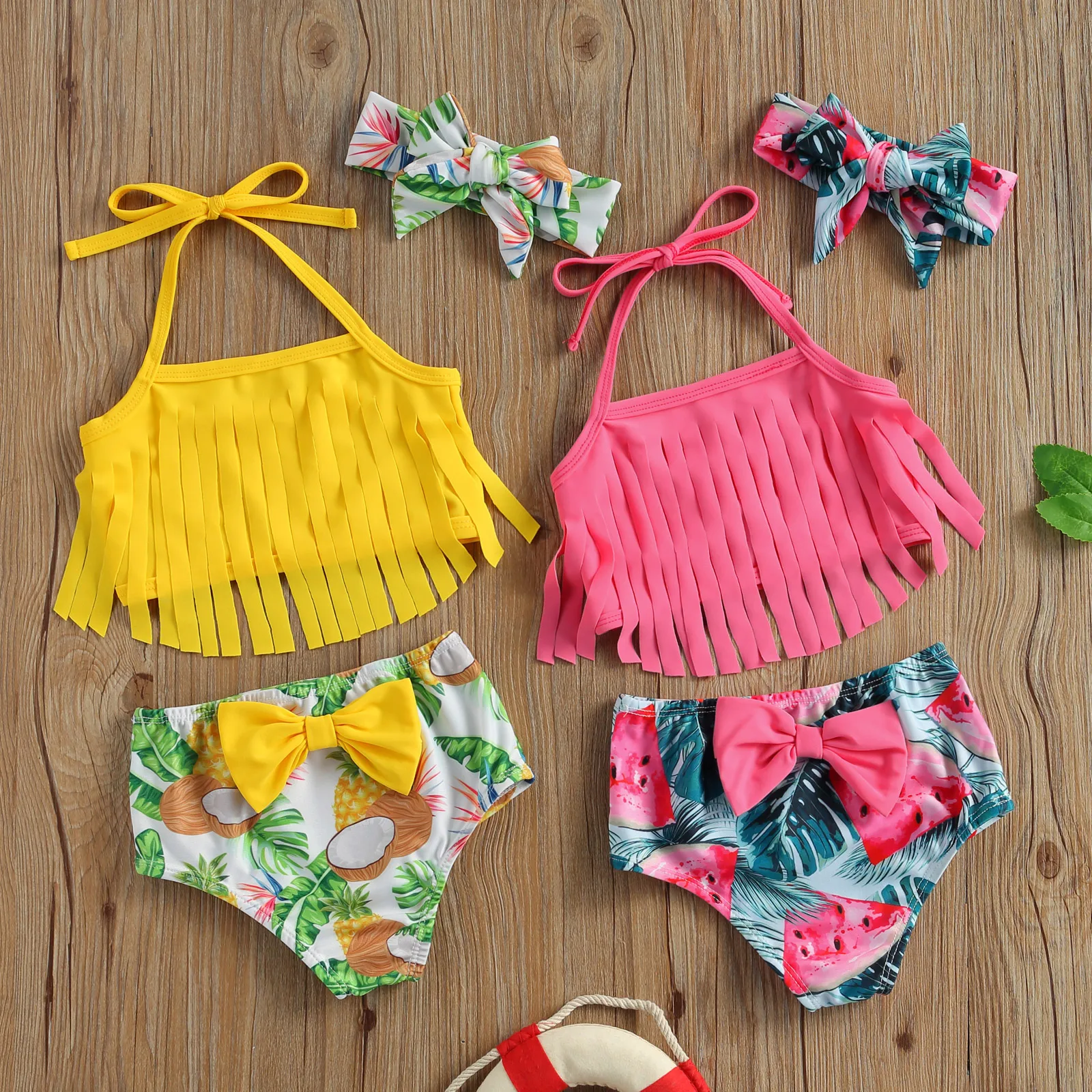 

Kid Newborn Baby Girl Bikini Print Seaside Clothing 0-3T Three-piece Swimsuit Tassel Decoration Bow Headband Tropical Fruit