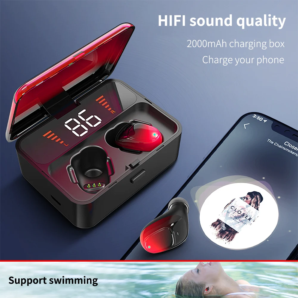 ES01 TWS светодиодный Bluetooth наушники V5.0 Touch беспроводные наушники 9D стерео спортивные водонепроницаемые гарнитура с микрофоном