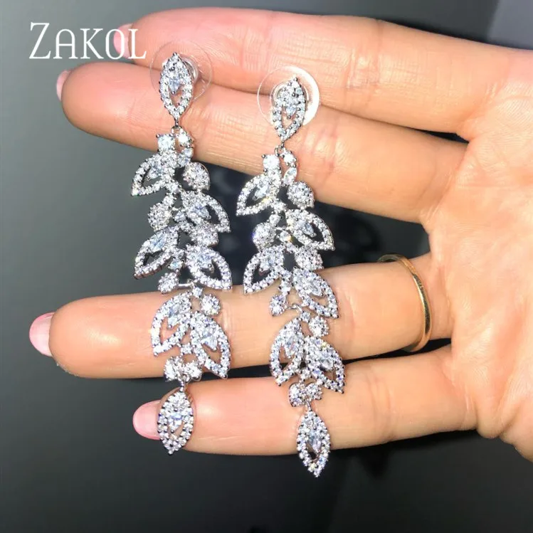 ZAKOL модные корейские CZ свадебные ювелирные изделия с листом маркиза AAA кубический цирконий длинные висячие свадебные серьги для элегантных женщин FSEP2144