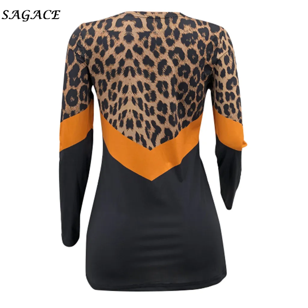 Sagace Топы женские леопардовые Лоскутные размера плюс с длинным рукавом льняная