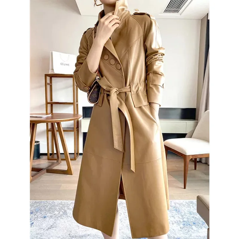 Elegant Women's Khaki Windbreaker High End Spring New Sheepskin Coat with Belt Slim Temperament Long Leather Jacket High Quality