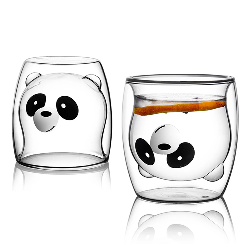 

Glass Mugs Cute Panda Bear Double-Layer Glass Milk Mug Coffee Tea Cup Clear Juice Water Drinking Cup For Christmas New Year Gift