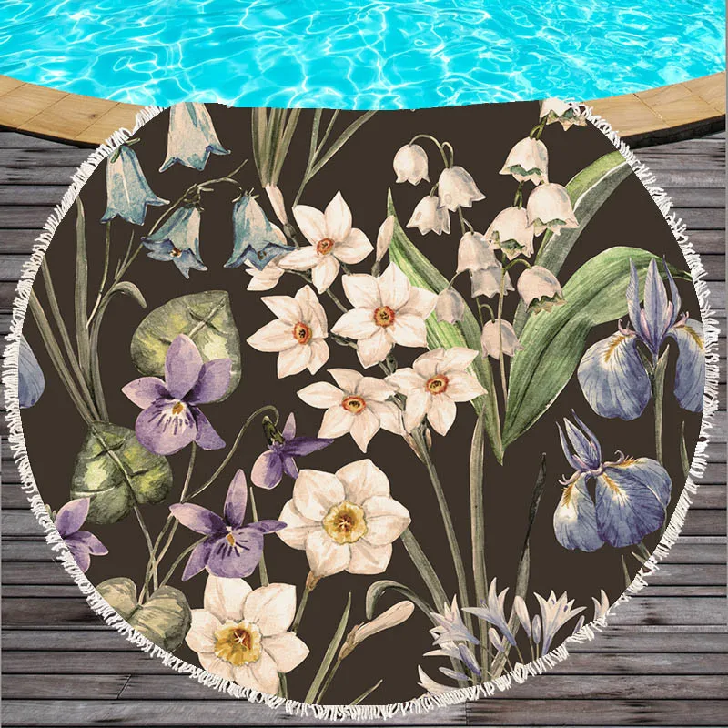 Удобное круглое пляжное полотенце 150 см с принтом попугаев розовый цветок