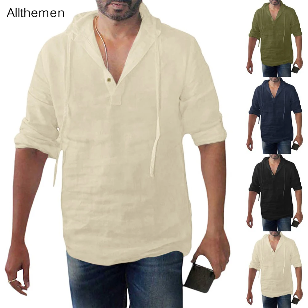 

Allthemen Men'S Hooded T Shirt Man Autumn Long Sleeve Solid Color Pullover T Shirts Men Cotton Linen T Shirt Tee Male Top
