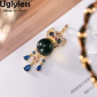 uglyless spring festival lion dance china ethnic jewelry for women blue amber zircons tassel pendants necklace 925 silver bijoux