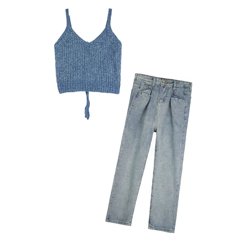 

Women Fashion Two Piece Outfits V Neck Sleeveless Knitted Tank Vest Camis&High Waist Wide Leg Denim Jeans Sets 2Pcs Pants Suits