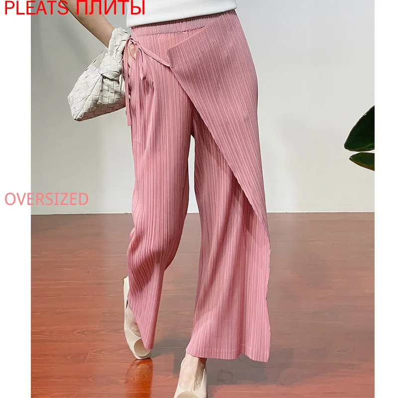 

Miyake Folds Summer New Style Trousers Straight-leg Urban Casual All-match High-waist Stitching Wide-leg Pants Women Pleats