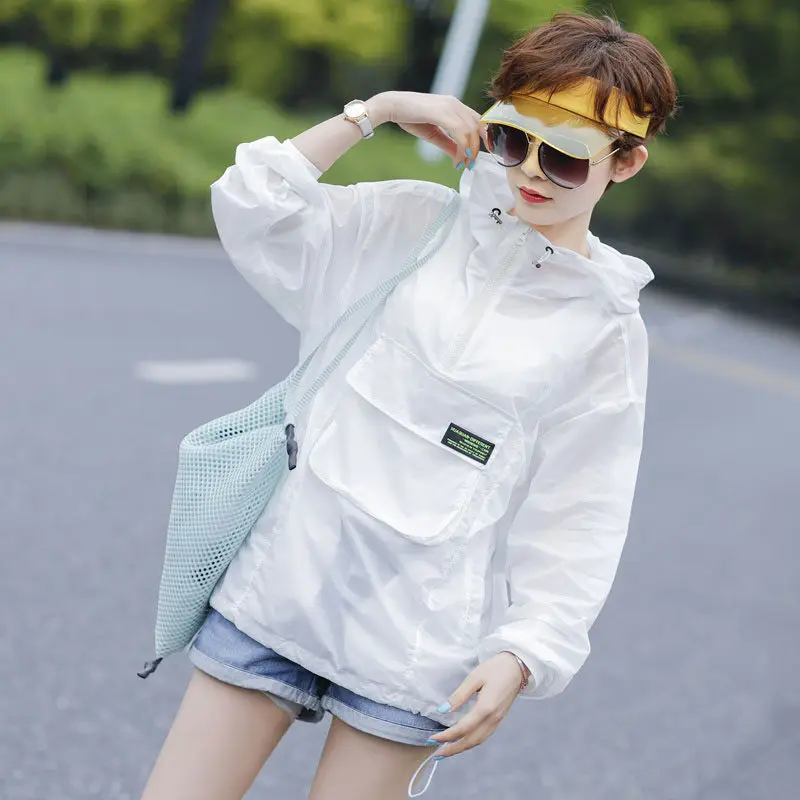 

White Sun Protection Clothing Women 2021 New Summer Thin Short Coat Loose Casual Hooded Air Conditioning Shirt Female aq401