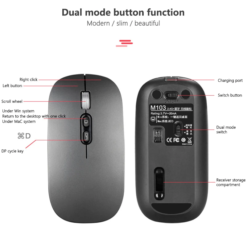 

Computer Mouse Bluetooth 5.0+ 2.4Ghz Wireless Dual Mode 2 In 1 Mouse 1600DPI Ergonomic Portable Optical Mice Mouse for PC Laptop