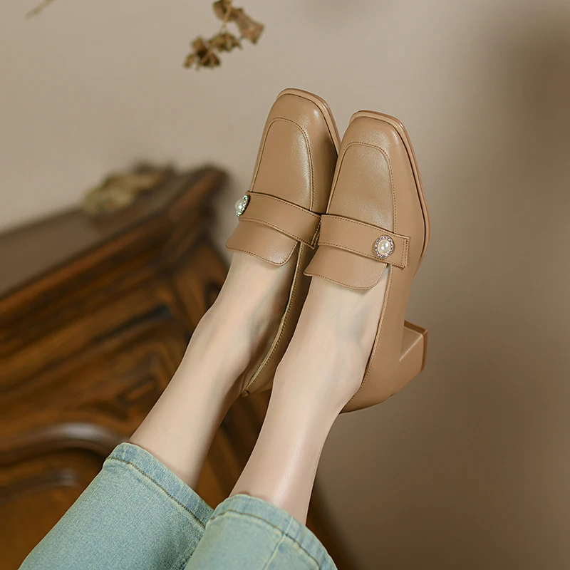 Туфли-лодочки женские из натуральной кожи на толстом высоком каблуке без