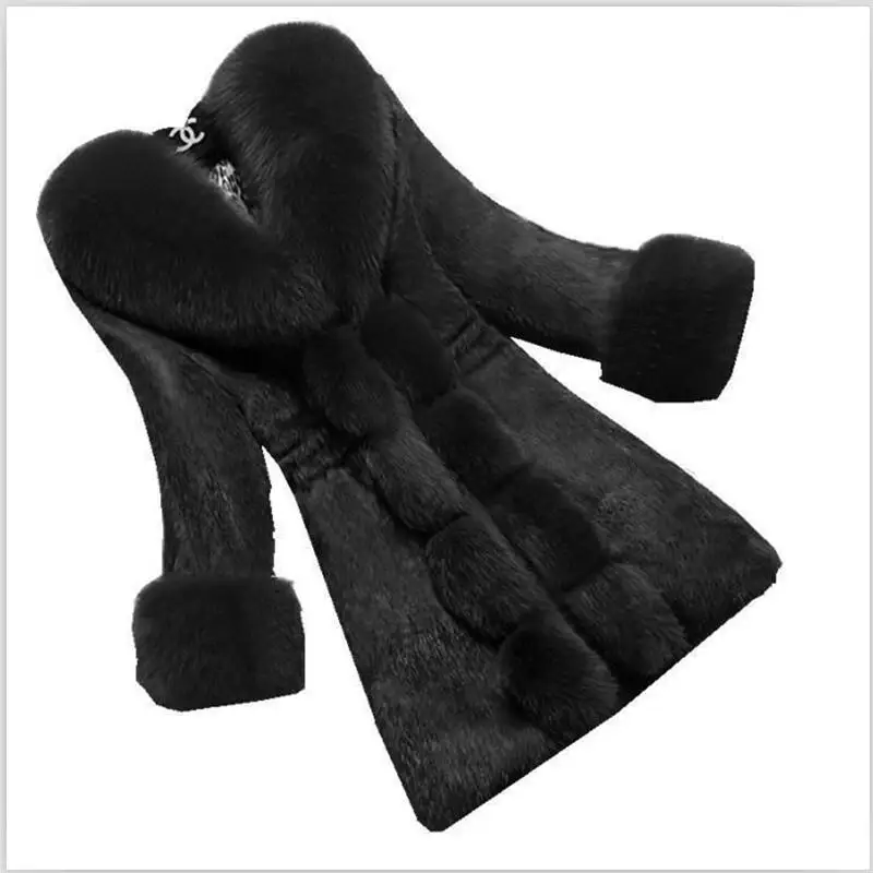 

Plus Size Fur Coat Winter Women New 2021 Big Fur Collar Winter Fur Jacket Women Long Slim Thick Warm Pakras Female Coats Black