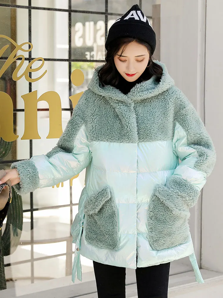 Olive green Зимняя куртка из овечьего меха Женская мода с капюшоном Большие размеры повседневное хлопковое пальто Глянцевая строчка асимметричный подол Свободное пальто 76 - Цвет: Olive green