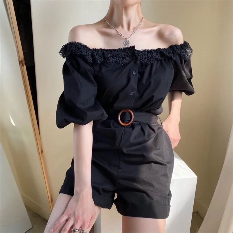 

2021 Summer New Women One Shoulder Sexy Lace Solid Color Fashion Korean Style Off-shoulder Jumpsuit