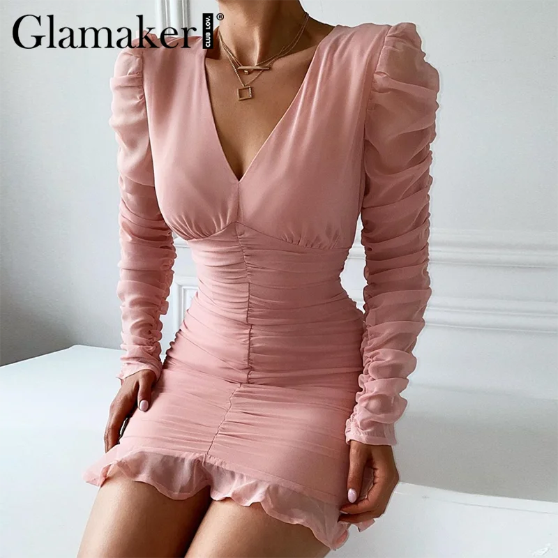 Женское облегающее платье с оборками Glamaker розовое мини длинным рукавом и