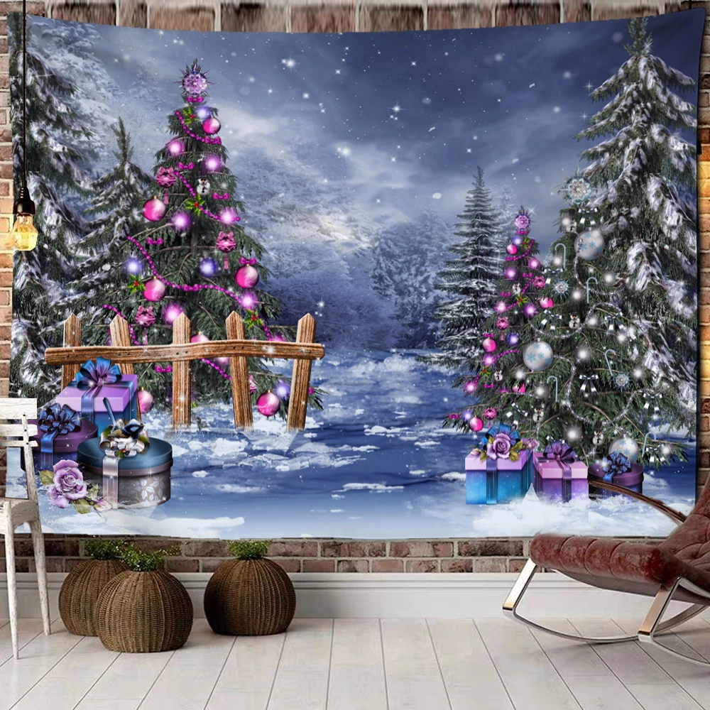 

Christmas Woods Snow Scene Tapestry Wall Hanging New Year Gift Elk Bohemian Style Bed Curtain Dormitory Home Decor