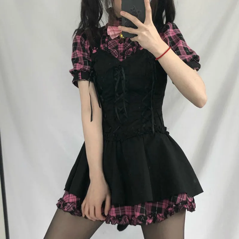 Летние платья для женщин в клетку 2021 Kawaii розовая одежда с коротким рукавом на