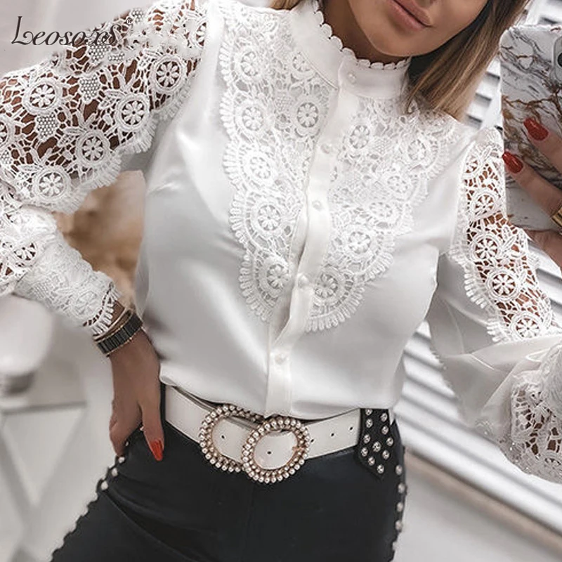 

2021 Spring Elegant Hollow Out Lace Blouses Shirts Women Casual Puff Long Sleeve Tops Ladies Fashion Stand Neck Patchwork Blusa