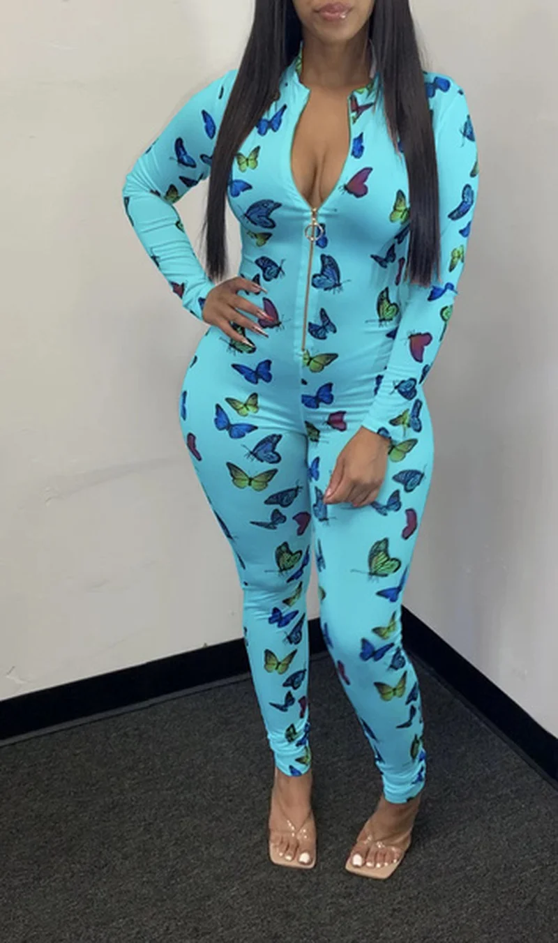 

Jumpsuits Bodycon Women Sexy Casual Sport Style Zipper Long Sleeve Long Trousers Butterfly Printed Slim Fit Jumpsuit Bodysuits