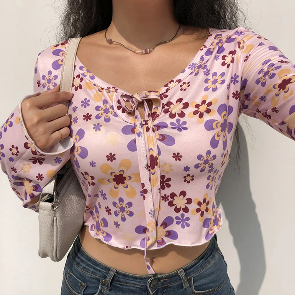 

Y2k E Girl Floral Sweet Tops Kawaii Aesthetic Kpop Tees V Neck Lace Up Korean Streetwear Long Sleeve Slim Autumn Crop Top