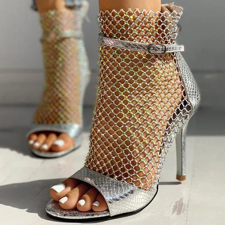 

Hot selling thin heel fish mouth banquet diamond cool boots high heel women's shoes