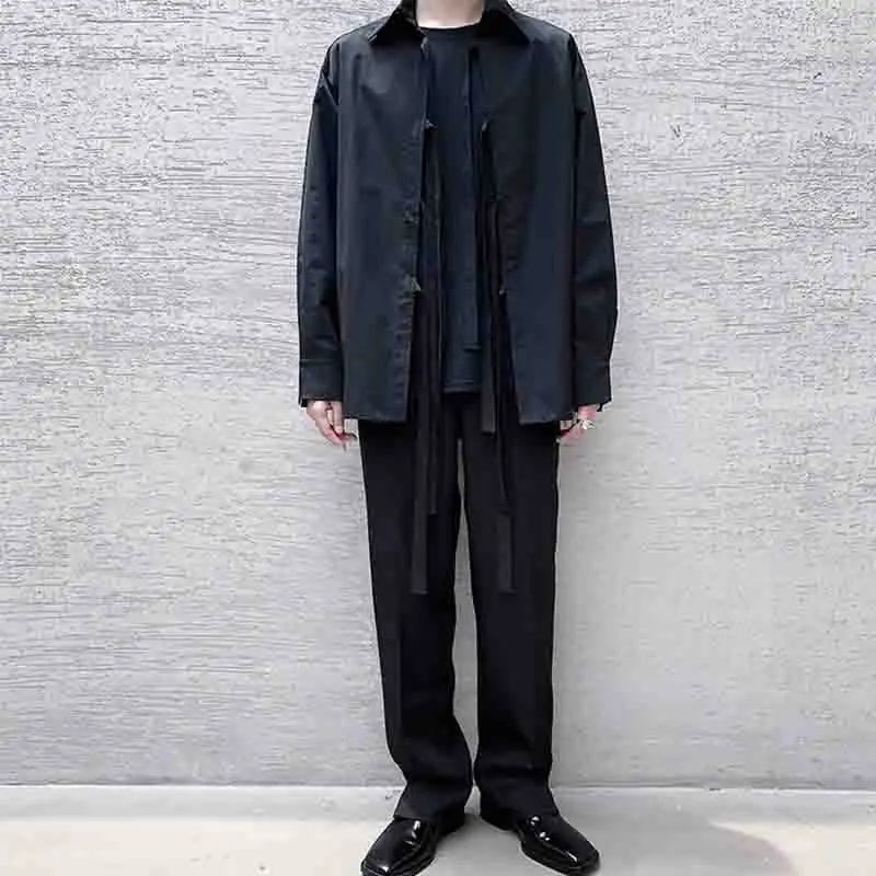 

Small group bandage design long sleeve shirt trendy man Yamamoto dark neutral shirt personalized coat show off cardigan