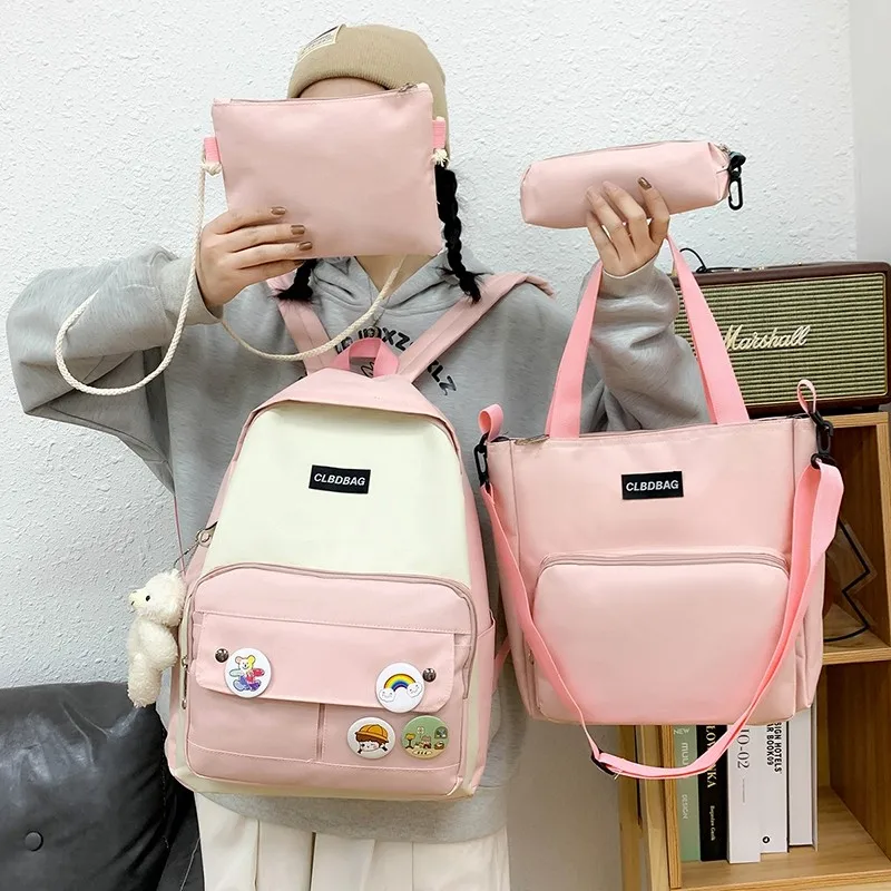 

4 Pcs Set Women Backpack Kawaii Student Bookbags Canvas School Bags For Teenage Girls 2021 Cute Kids School Backpack