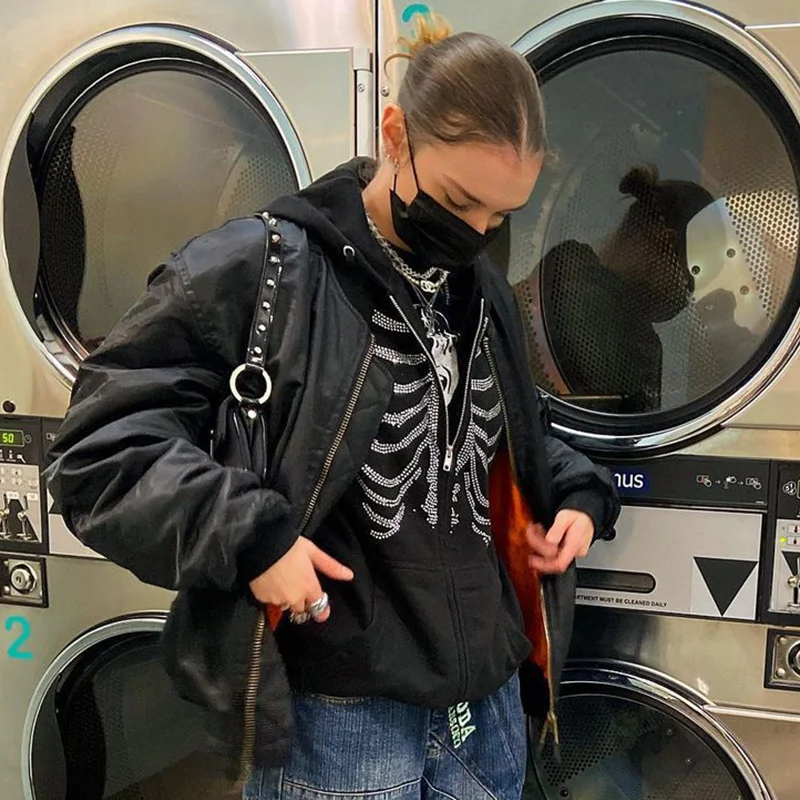 

Autumn Rhinestone Y2K Streetwear Hoodie Women Skeleton Grunge Goth Hoodie Black Hippie Zip Up Oversized Hoodies Winter Dark