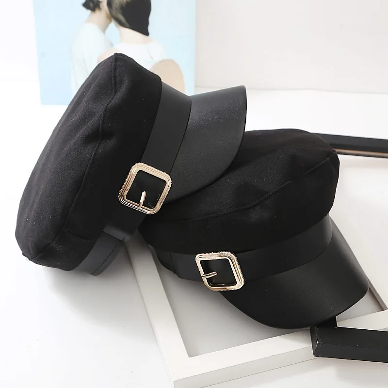Boinas Para Mujer Корейский стиль металлическая пряжка кожаная прошитая Военная Кепка