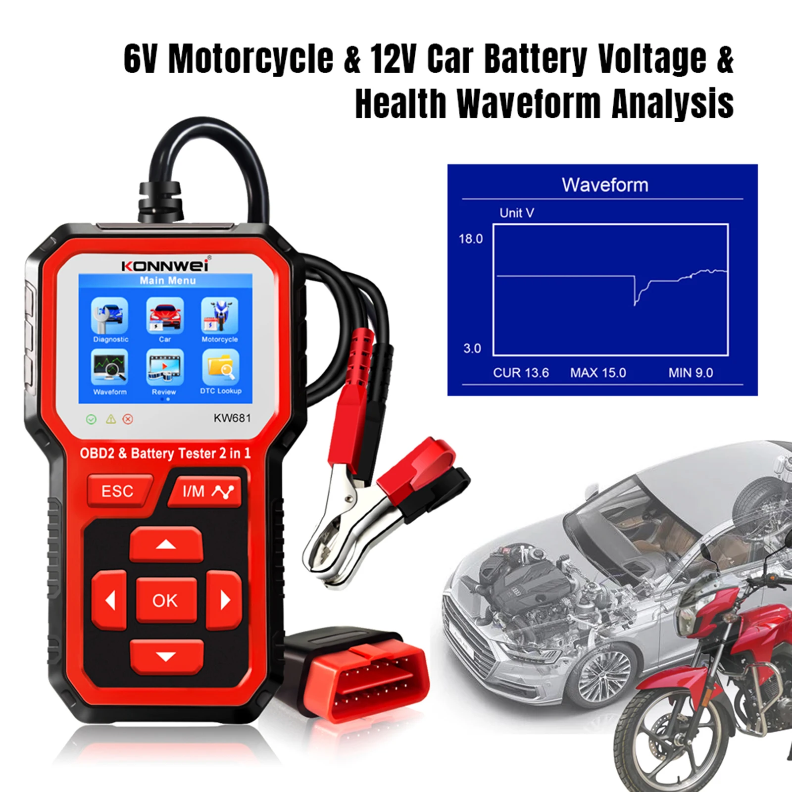 

OBD2 Scanner Professional All Cars OBD2 Car Diagnostic Scanner 6V 12V Motorcycle Car Battery Tester