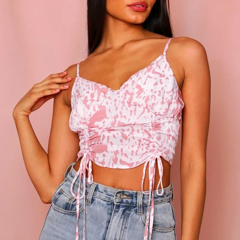 

Топ женский с открытой спиной, короткий плиссированный топ без рукавов, с V-образным вырезом, с принтом, на лето