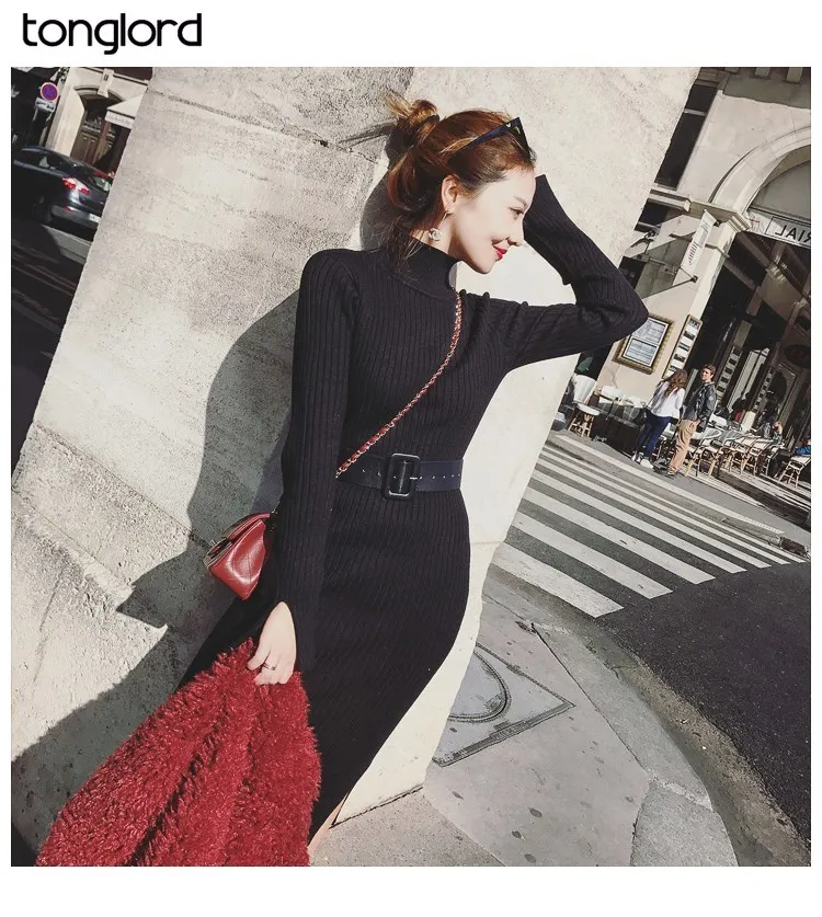 

Tonglord Dress Female 2020 Autumn Mid-length Is Thin Korean Version of Slim High Neck Knitted Sweater Skirt Split Over The Knee