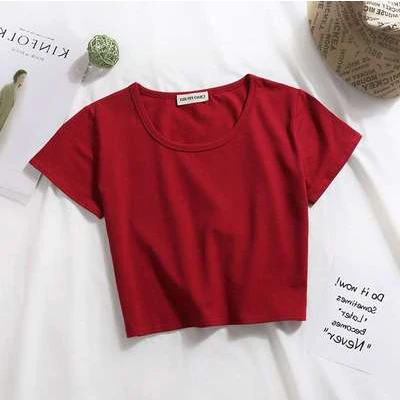 O-Wine red Повседневные однотонные Короткие топы с буквенным принтом, женские модные тонкие футболки с коротким рукавом, летние женские модные простые футболки с графикой, Новинка - Цвет: O-Wine red