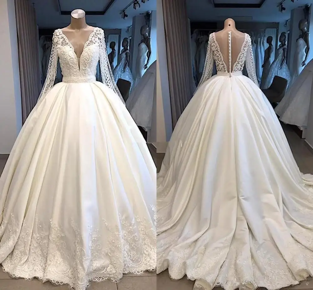 

2020 Country Wedding Dresses V Neck Pearls Lace Appliques Long Sleeve Bridal Gowns Custom Made Beach Wedding Dress