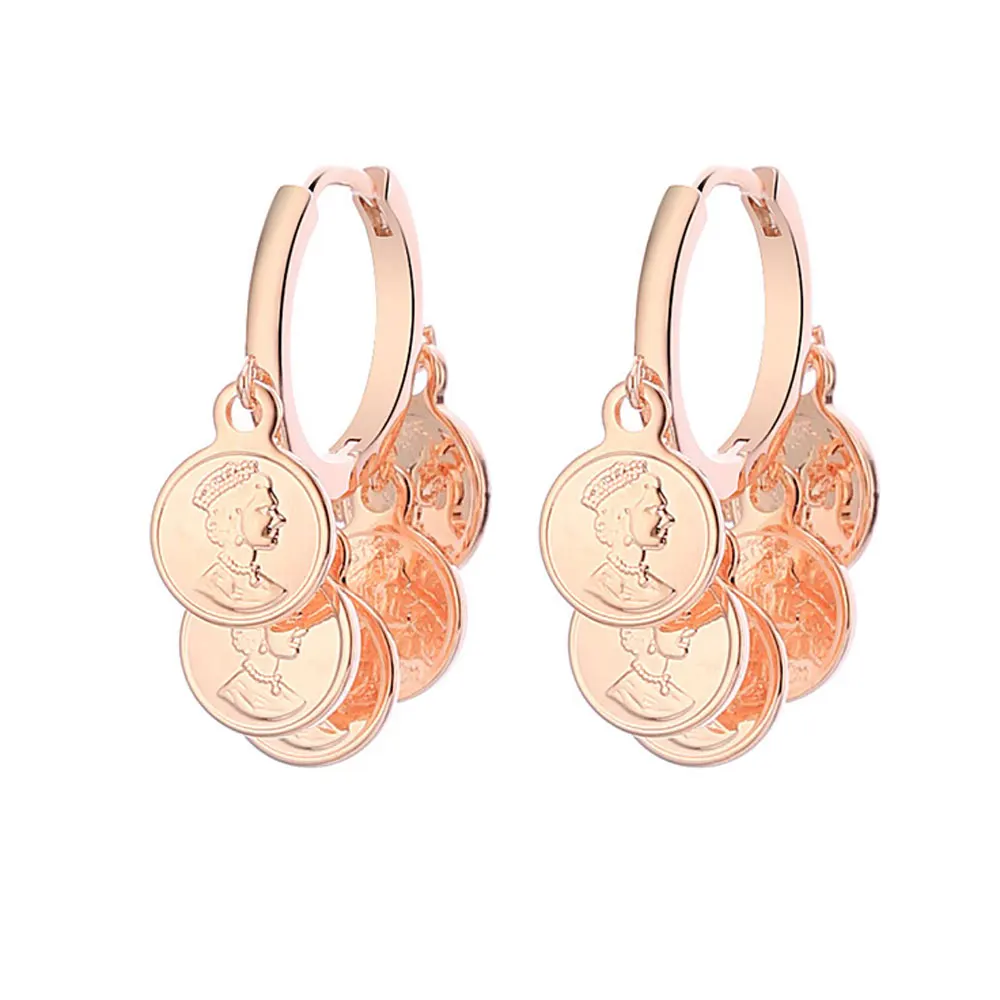 Trendy Queen Engraved Hoop Earrings For Women Rose Gold Stainless Steel Round Coin Drop Fashion Jewelry Accessories | Украшения и